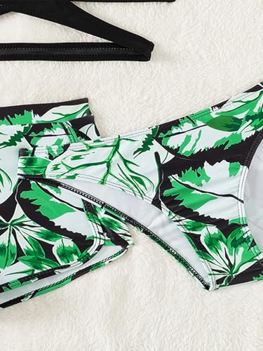 Image of Girl's 3 Piece Set Tropical Plants Print Criss Cross Bikini Sets Bathing Suit Green 10-11Y