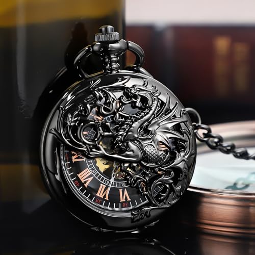 Image of Hand Winding Hollow Roman Numerals Mechanical Pocket Watch Steampunk Mens Watches