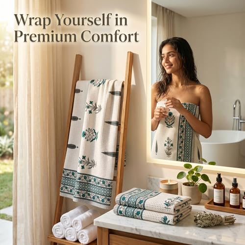 Image of Mafatlal Madhuban Waffle Cotton Towel Set (1 Bath 147x76 cm + 2 Hand 76x38 cm) | 250 GSM | Super Absorbent, Quick Dry Floral Design | Antique White