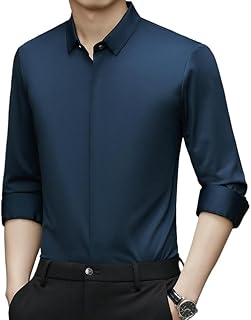 Camisa de manga larga con solapa para hombre, color liso, sin costuras, elástica, informal, de mediana edad