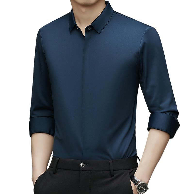 Camisa sin costuras elástica de hombre con cuello solapa diseño monocolor