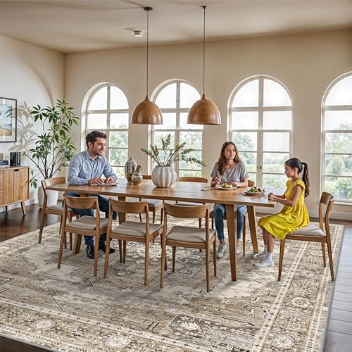 RUUGME Washable 12x12 Area Rug - Large Vintage Area Rugs with Non Slip Backing Stain Resistant Carpet for Bedroom Dining Room Indoor Soft Carpets Home Decor Decoration Mat 12x12 Beige