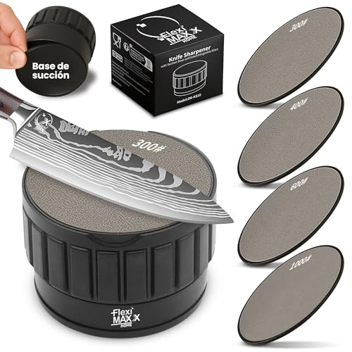 Afilador cuchillos Fleximaxx Home ® dos discos reversibles 300/400/600/1000 - Sistema de fijación con ventosa máxima estabilidad y precisión afilador de cuchillos profesional
