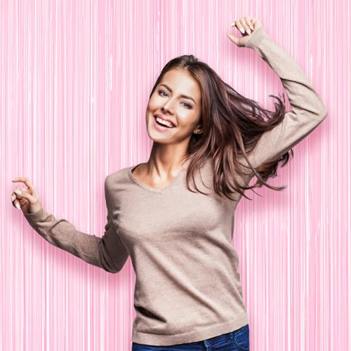 Image of Voircoloria 2 Pack Pastel Pink Tinsel Foil Fringe Curtains, Pink Party Decorations, Metallic Tinsel Party Streamers Backdrop for Birthday Baby Shower Graduation Wedding Gender Reveal Party Decorations