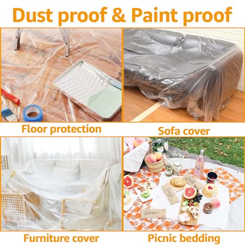 Image of 4 Rolls 8.8 x 65 Feet Painters Plastic Sheeting, Pre-Taped Masking Film, Clear Drop Cloth for Painting, Automotive Covering and Appliance Protection (Pack of 3)