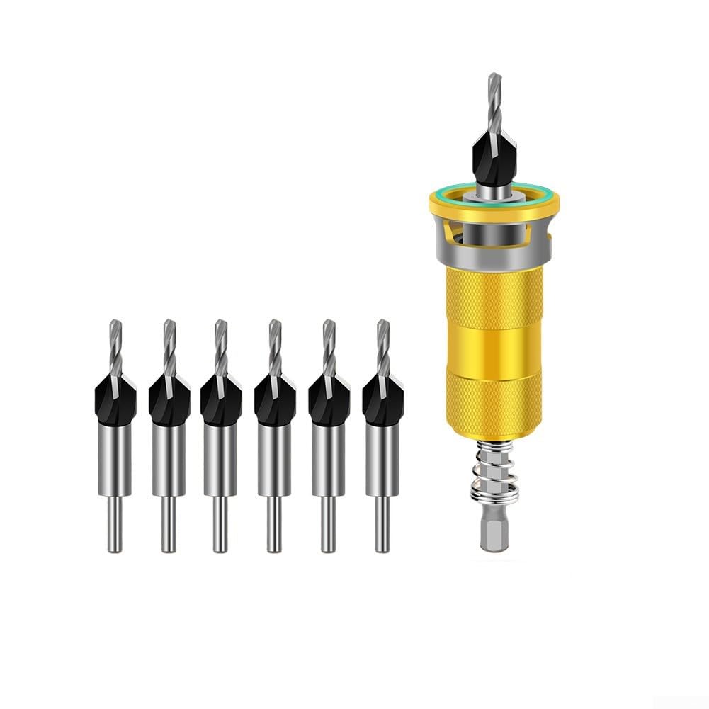 Juego de brocas avellanadas de profundidad ajustable, brocas avellanadas para carpintería, juego de brocas para madera, plástico, metal suave, 6 piezas (dorado)