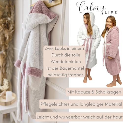 CalmyLIFE Bademantel Kinder Mädchen Jungen - mit Wendefunktion und Kapuze Teenager kuschelige Bademäntel für Jungs Kinderbademantel (134/140 Altrose/Weiss)