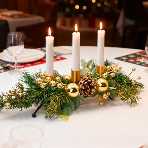MrMrKura Centro de mesa de Natal com 3 castiçais, decorações de m...