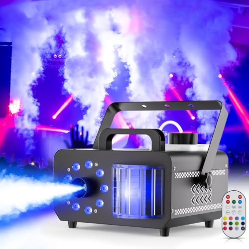 Máquina de Humo 1200W Máquina de Niebla con Control Remoto, 9 LED RGB Efectos de Luz Haz de Discoteca Fog Machine Portátil Estroboscópica 14 Colores para DJ Halloween Bodas Navidad Escenarios