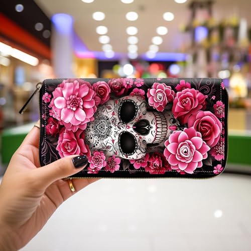 Wallet,Leather Long Wallet Suitable For Ladies And Teenagers - Detachable Wristband + RFID Travel Wallet With Card Slot - Skull with Flowers4