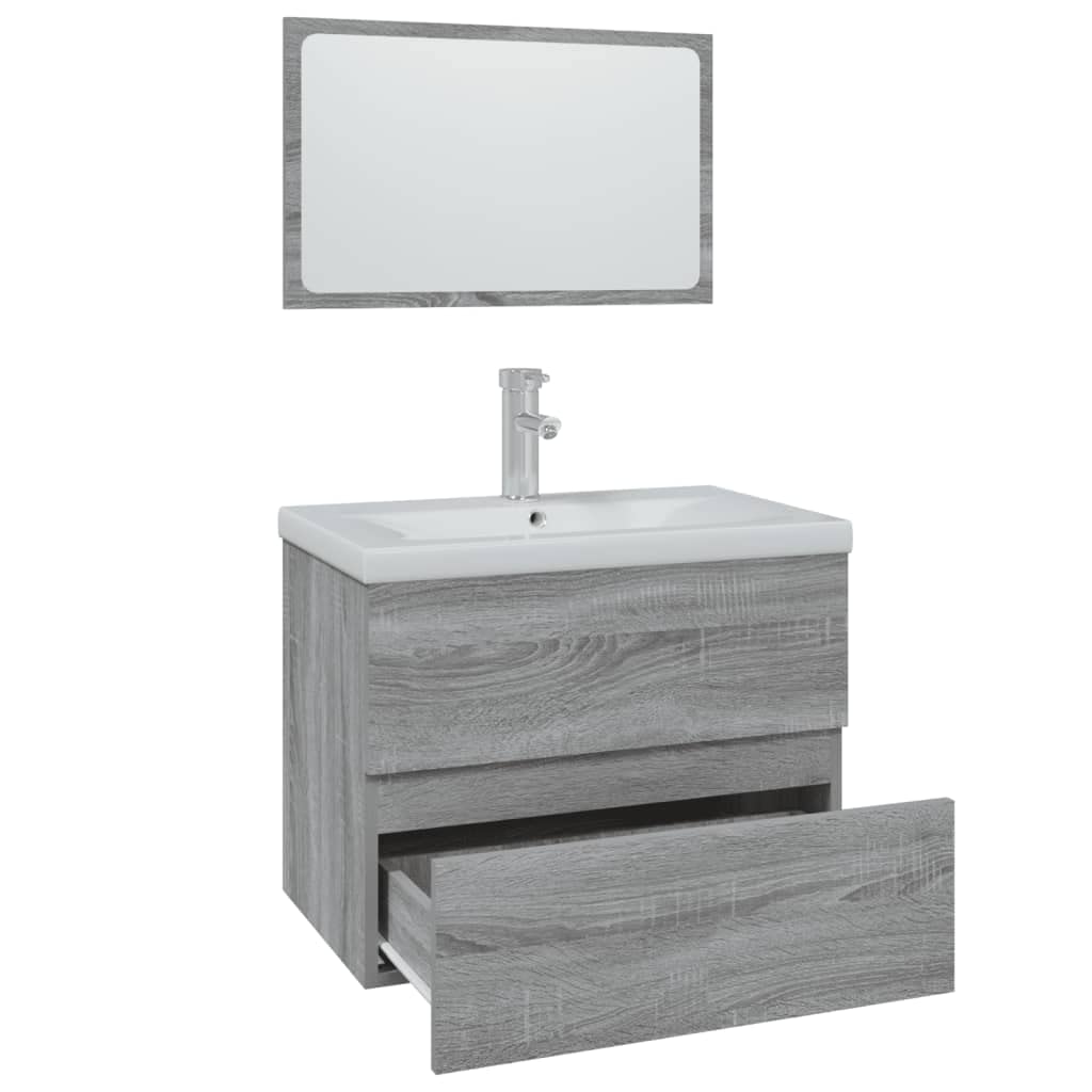 vidaXL Set de Muebles de Baño Espejo Lavabo Armario Almacenamiento Colgante Suspendido Pared Estante Cajones Madera Contrachapada Gris Sonoma