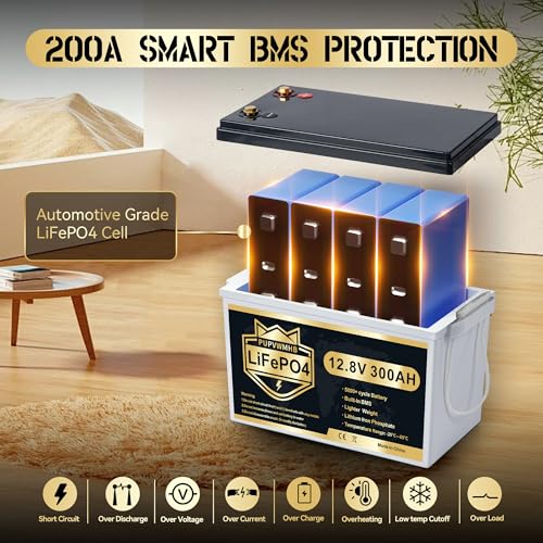 PUPVWMHB 12V 300Ah MINI LiFePO4 Lithium Battery, Bluetooth Lithium Battery, 200A BMS, up to 15000 Cycles, Max.3840Wh Energy with Low Temp Cut off, Perfect for RV, Solar, Trolling Motor