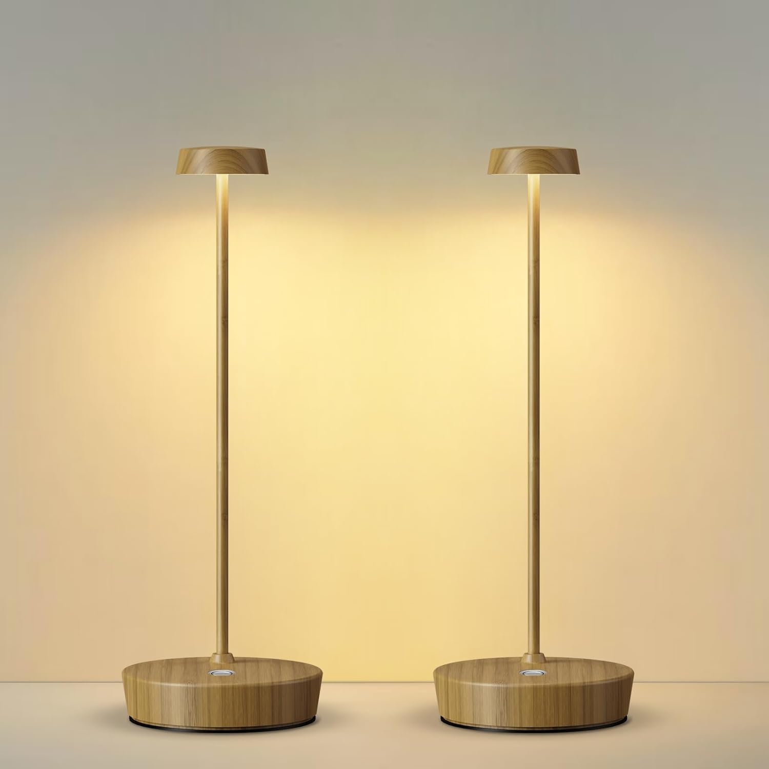 Product image of Cordless LED Table Lamp，Rechargeable Battery Desk Lamps, 3 Color Stepless Dimmable Metal Battery Table Lamps, Portable Waterproof Table Light for Indoor/Outdoor/Restaurant (2Pack Wood Grain)