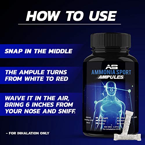 AmmoniaSport Athletic Smelling Salts - Ampules (25) Smelling Salts Powerlifting - Ammonia Inhalant - Salt Sticks - Rush Inhalant - Focus Up - Powerlifting Gear - Focus Aid - Energy Aid - Nose Lifting