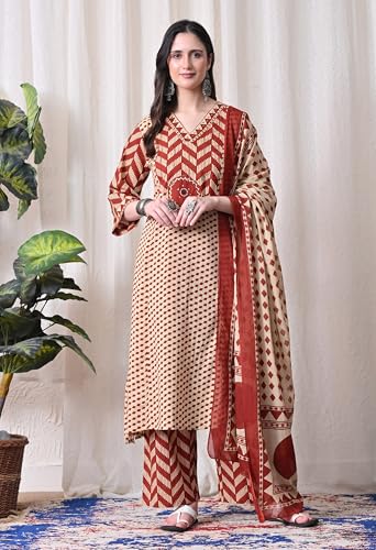 Image of MEERA FAB Women's Cotton Straight Kurta Set, Floral Print with Yoke, with Dupatta and Pants