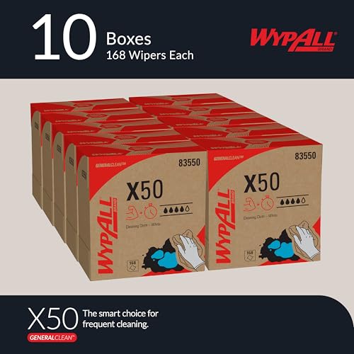 Image of WypAll GeneralClean X50 Cloths Cleaning Wipes (83550), Pop-Up Box, Strong Towels for Extended Use, White (10 Packs of 168 Sheets, 1,680 Sheet Total)