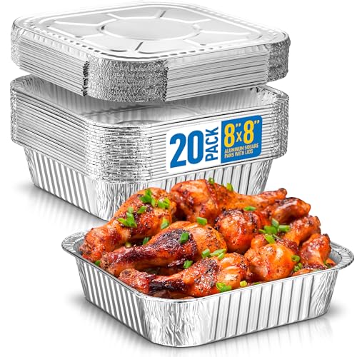 Image of 8x8 Disposable Aluminum Pans With Lids - 20 Pack Foil Pans For Cooking, Baking Cakes, Roasting & Homemade Breads - Disposable Food Containers With Foil Lids
