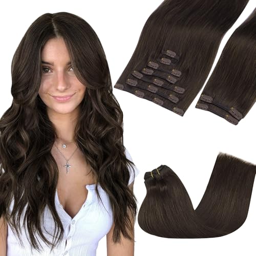 Image of GOO GOO Clip in Hair Extensions Real Human Hair, Remy Human Hair Extensions Clip ins for Women, Natural Human Hair, 16inch 150g 9Pcs, 2A Light Brown