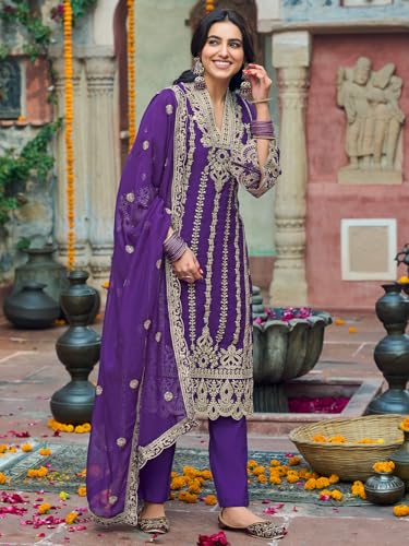 Image of INDO ERA Women's Organza Embroidered Straight Kurta and Pant with Dupatta Set (IEOUT10610)