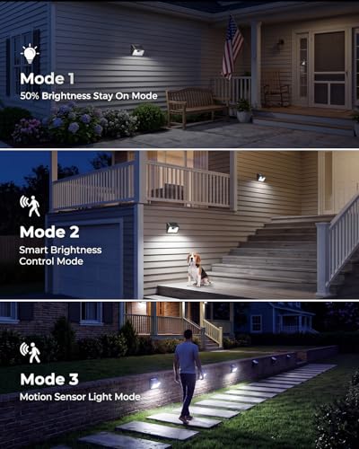 Image of Peasur 2 Pack Solar Lights Outdoor Motion Sensor, 140 LED Solar Powered Fence Wall Light Waterproof, 3 Modes Solar Security Lighting for Outside Yard Deck Garden Stair Step