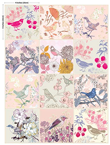 The Nisha 24 Pc Pack (4 X 4) Art Eclectic Peel And Stick Wall Sticky Backsplash Vinyl Waterproof Removable Tile Sticker Decals For Bathroom & Kitchen, 4X4 Inch, Vintage Birds 1298 #TOP5