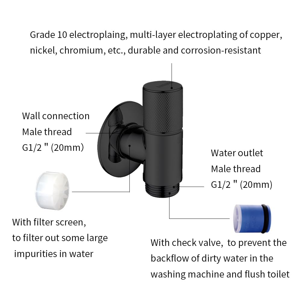 Valvola angolare G1/2" con design ultra sottile per l'uso in spazi ristretti, montaggio a parete, ottone cromato, per lavabo, lavandino (nero opaco)