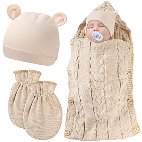 Image of Zhanmai Newborn Baby Wrap Swaddle Blanket Knit Sleeping Bag Receiving Blankets Stroller Wrap Hat Mitten for Baby 9-12 Months