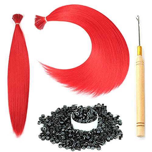 Tip Hair Extensions 25 Strands/Lot 16'' Mixed Colors Colorful Synthetic Hair with 50 Pcs Silicon Beads 1 Crochet Hook Colored Hair Extension Kit (16'', Red)…