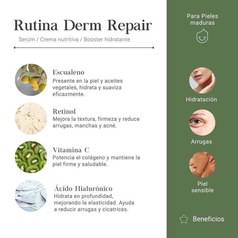 Rutina Facial Derm Repair para Pieles Maduras y Secas: Kit Hidratante y Rejuvenecedor para Mujer con, Mimetic Serum, Booster hidratante y Crema humectante Nutritiva. - Ki Care