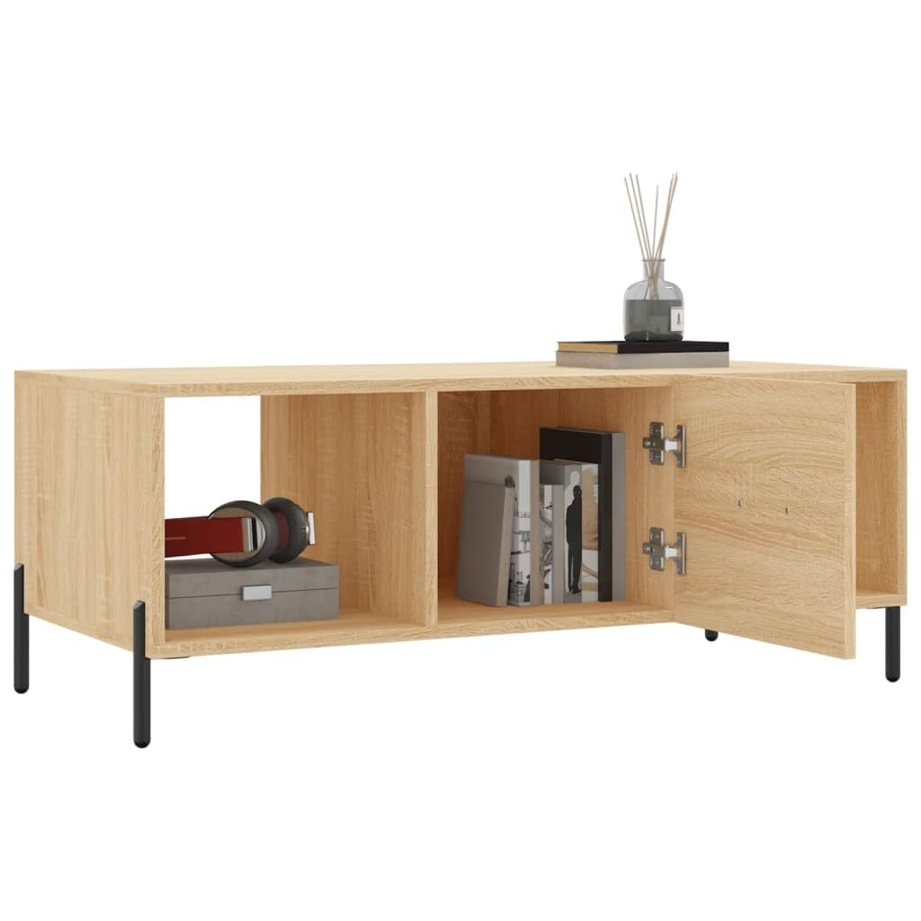 Mesa de centro Sonoma roble 102 x 50 x 40 cm moderna de madera con patas de hierro espacio de almacenamiento 3 compartimentos puerta aparador para salón, dormitorio, oficina o pasillo
