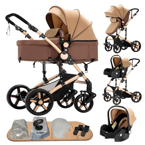 Reenborn Carrito Bebe 3 en 1, Carro Bebe con Dos Modos de Empuje Reversibles, Cochecito Bebe 3 Piezas con Marco de Aluminio, Carricoche Bebe con Diseño Plegable con Un Solo Clic (588 Khaki)