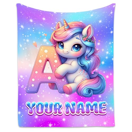 Unicorn Blanket for Kids - Personalized Girls Blankets with Name - Custom Monogram Gift for Children - Soft Flannel Initial Throw for Couch, Bed