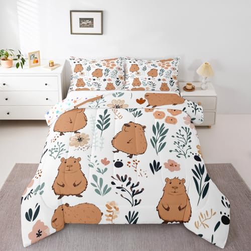 Image of Feelyou Capybara Bedding Set Queen Size, Cute Capybara Comforter Set for Kids, Toddler, 3 Pieces, Multicolor, Microfiber, Modern Animal Theme
