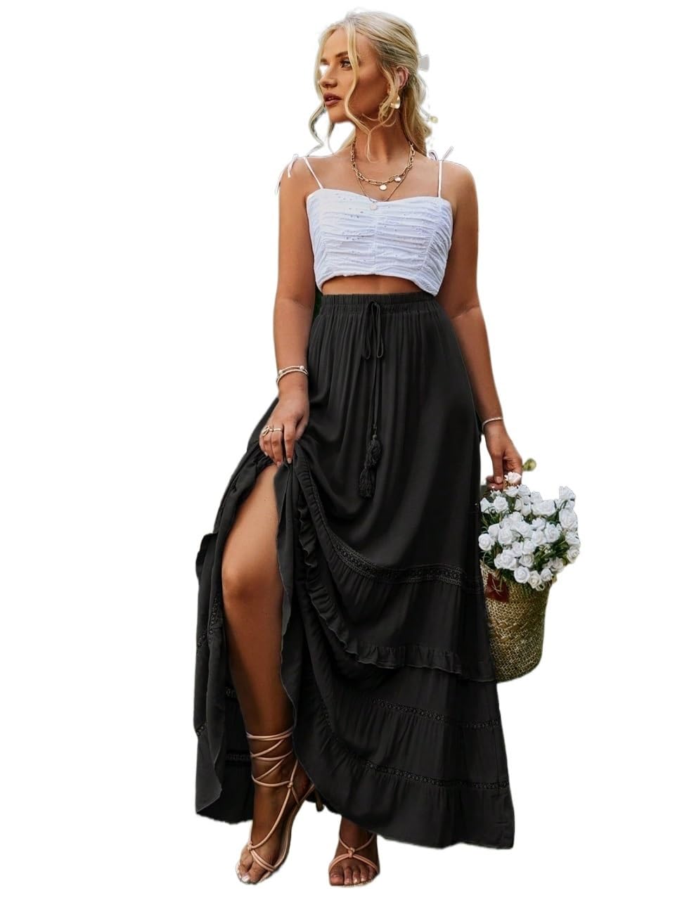 Wocrolse Skirts for Women Trendy Summer 2025 Casual Long Regular Fit Ruffle Hem Skirt