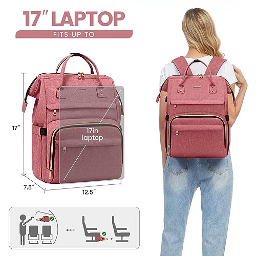 Image of LOVEVOOK Laptop Backpack for Women,17 Inch Professional Womens Travel Backpack Purse Computer Laptop Bag Nurse Teacher Backpack,Waterproof College Work Bag Carry on Back Pack with USB Port,Light-red