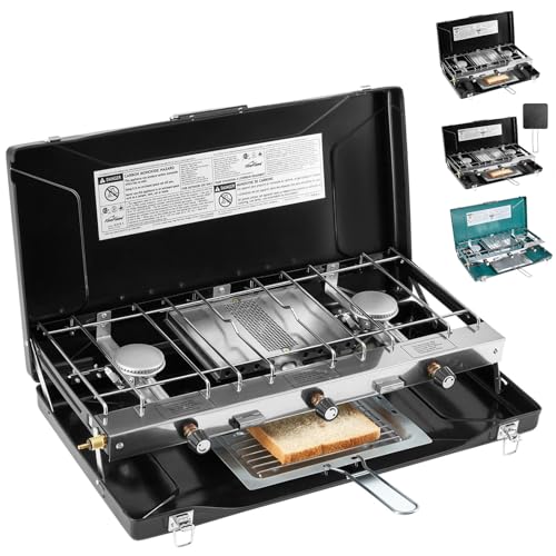 Camping Stove, 3 Burners Propane Portable Camp Stove with Regulator, Push-Button Instant Ignition, Adjustable Burners & Wind Guards for Car BBQ Picnics Outdoor Cooking