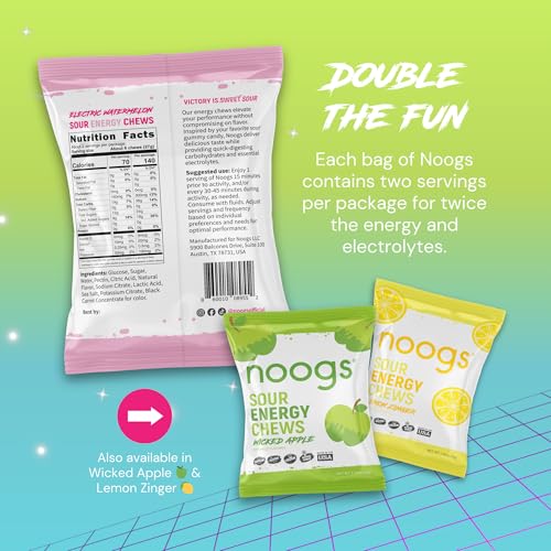 Image of Noogs Sour Energy Chews, Electric Watermelon Electrolyte Energy Gummies, Sour Candy Flavored Alternative to Running Gels, Vegan, Gluten Free & Caffeine Free, 12 Pack