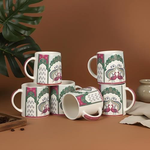 Image of miah decor Neelmayur Royale Collection Handcrafted Ceramic Coffee Cups Set of 6 | Mughal Peacock Design Tea & Coffee Mugs | Green & Maroon on Cream Base | Microwave & Dishwasher Safe