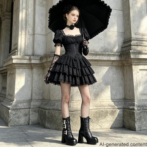 Image of MEOTINA Goth Women Platform High Heel Boots Buckle Combat Ankle Booties | Features edgy gothic steampunk rave emo sexy cosplay styling, designed with thick heel, buckle, studded ,lace up and zipper