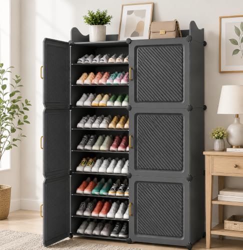 Image of LUHI Premium Modular Plastic Shoe Rack for Home with Door | 18-Tier Stackable Shoe Organizer | Waterproof & Dustproof | Space Saving Storage for Home, Bedroom & Entryway [Grey HT, 18-Shelf-6-Door]