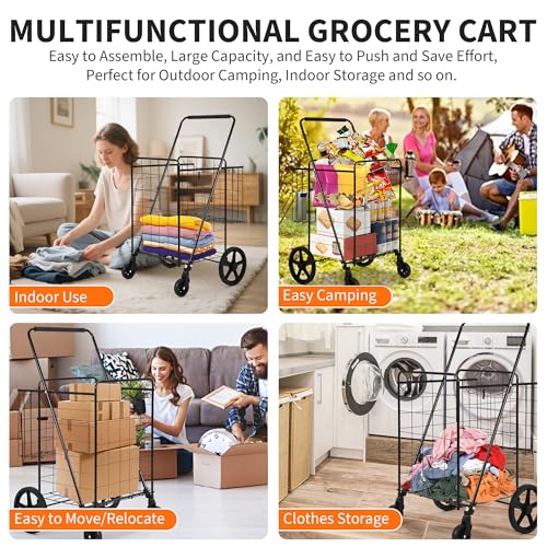 Large Folding Shopping Cart with Wheels, Rolling Foldable Grocery Cart with Double Basket, Portable Collapsible Utility Cart for Laundry, Luggage Camping, Locking Latch