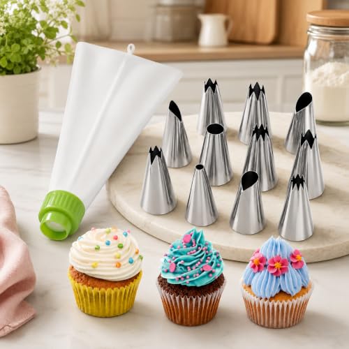 Image of PureBake 12 Pcs Cake Decorating Set, Nozzles for Frosting Icing Piping Bag, Used for Pastry, Cakes, Cookies & Muffin Decoration, Reusable Piping Bag Included