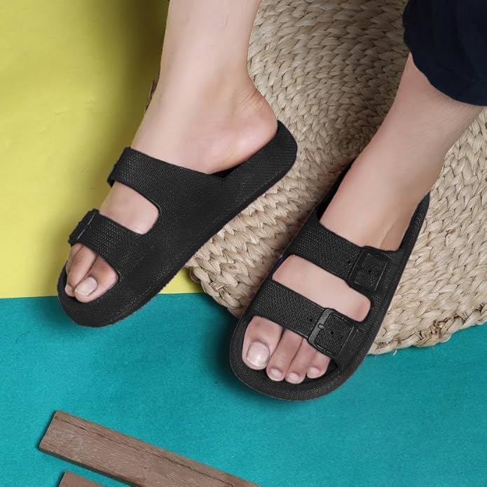 Image of Women Adjustable Open Toe Slide Sandals Classic Ultra Soft EVA Footbed Summer Designed to Fit Flat Buckle Sliders for Women & Girls