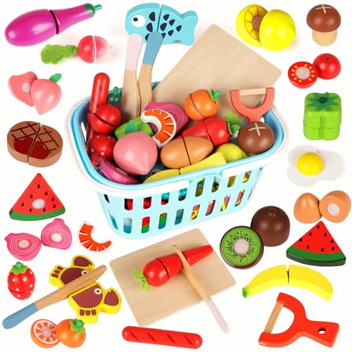 Bunnyjoy Frutas Y Verduras Juguete 26 Piezas Accesorios De Juguete De Cocina De Madera, Cortar Juguetes De Alimentos Juegos Culinarios Juguetes E Bunnyjoy Frutas Y Verduras Juguete 26 Piezas Accesorios De Juguete De Cocina De Madera, Cortar Juguetes De Alimentos Juegos Culinarios Juguetes E