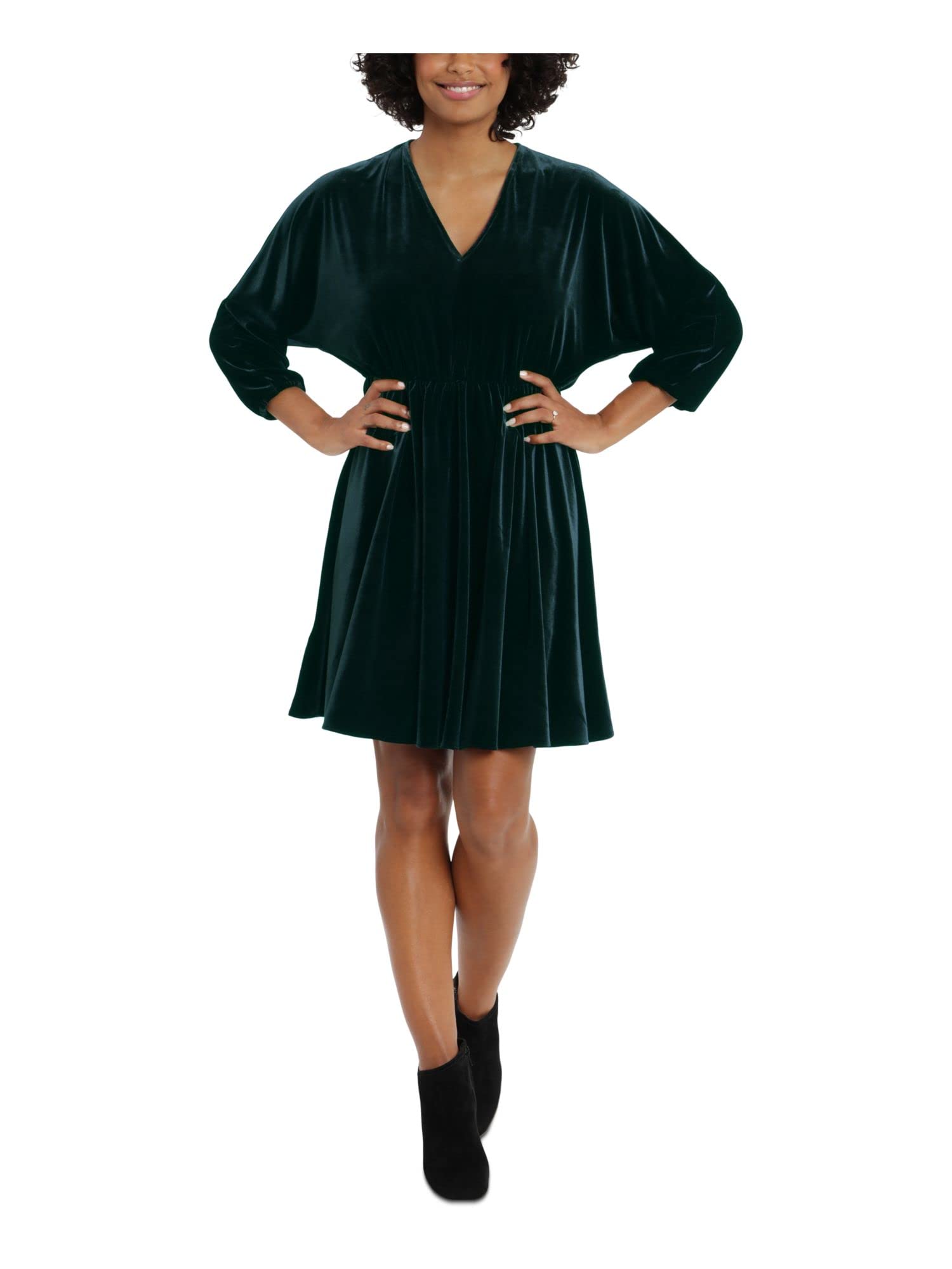 London Times Womens Green Dolman Sleeve V Neck Above The Knee Party Fit + Flare Dress Petites PM