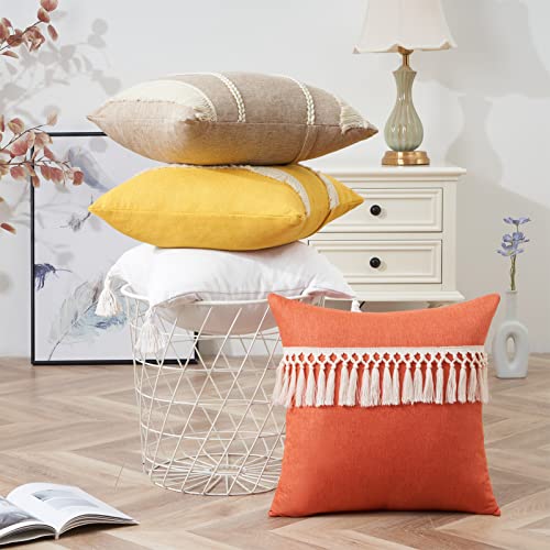 Topfinel Boho Throw Pillow Covers 18 X 18 Set Of 4,Beige Neutral Couch Pillow Case With Tassel Fringe Decorative,Rustic Burlap Cushion Cover For Sofa Bed Living Room Bohemia Home Decor（45X45 Cm） #TOP4