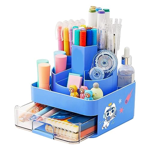 Joselin PortaláPices Giratorio, Organizador de Escritorio, PortaláPices, Portabrochas de Maquillaje con 11 Compartimentos para el Hogar, Azul