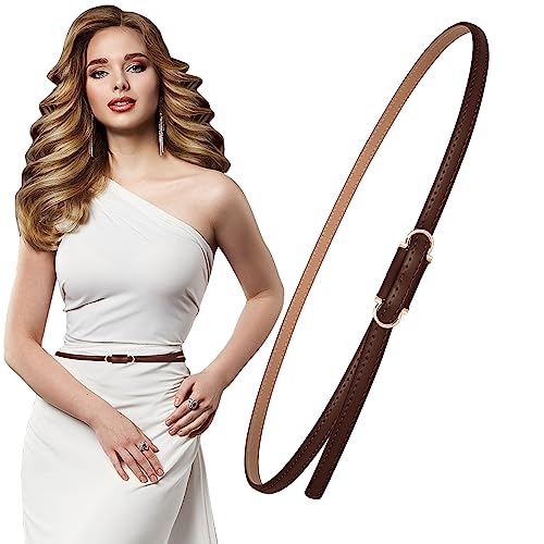 Skinny Genuine Leather Belt for Women Thin Waist Belt for Dresses with Gold Alloy Buckle