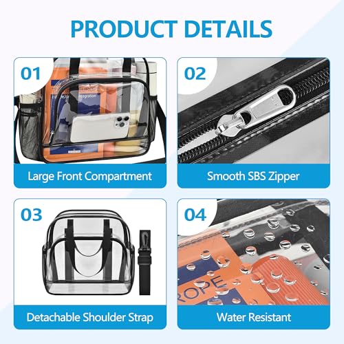 Image of Paxiland Clear Bag for Stadium Events, 12x6x12 inches Tote Bag with Detachable Reinforced Strap for Sports Concert and Work