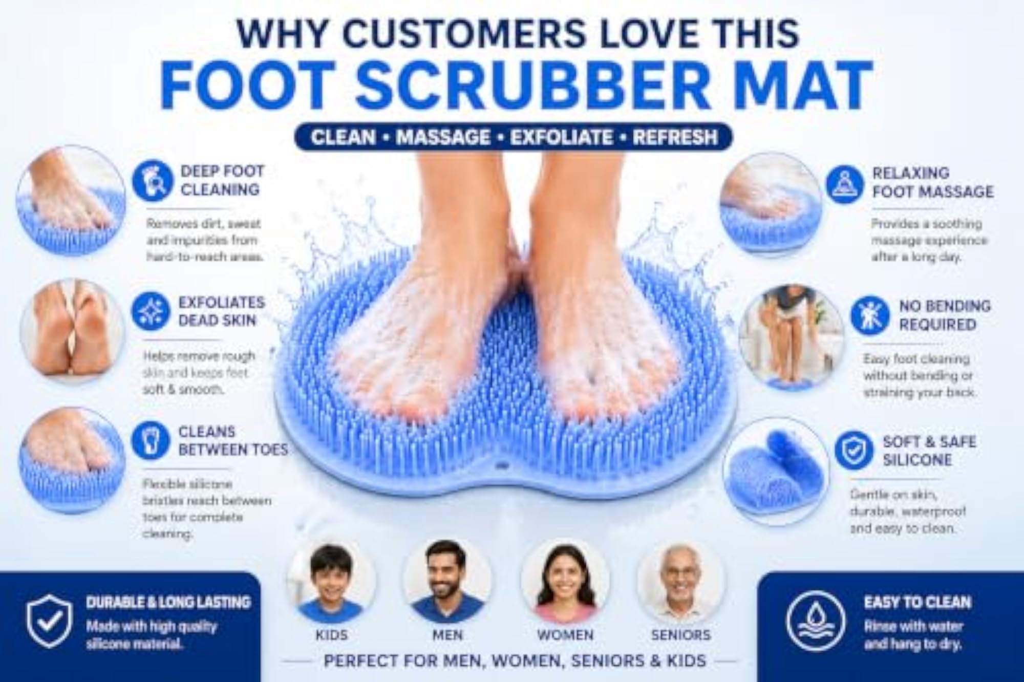 Shower Foot Scrubber Mat with Suction Cups, Silicone Cleaning Brush